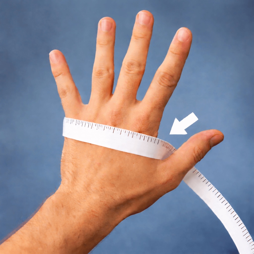 Photo of a hand being measured around the knuckles with a measuring tape.